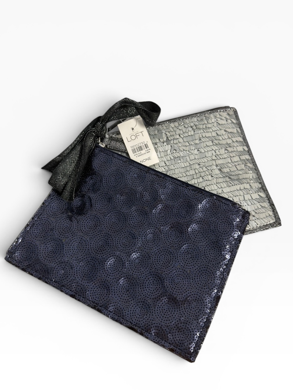 LOFT Navy & Silver Sequin Pouch Set Cosmetic Makeup Clutch Bags NWT